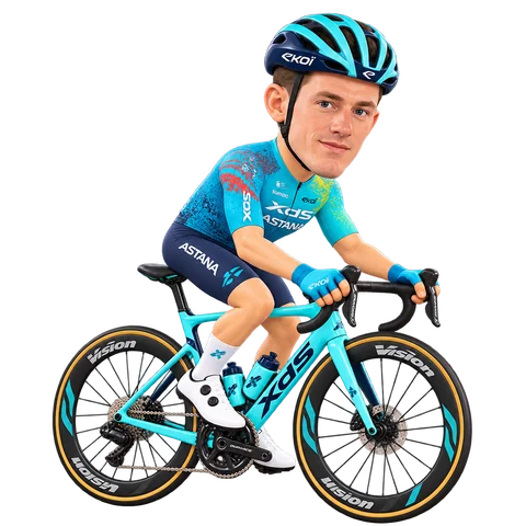 Illustrazione di Gleb Syritsa con la divisa 2026 della XDS Astana Team