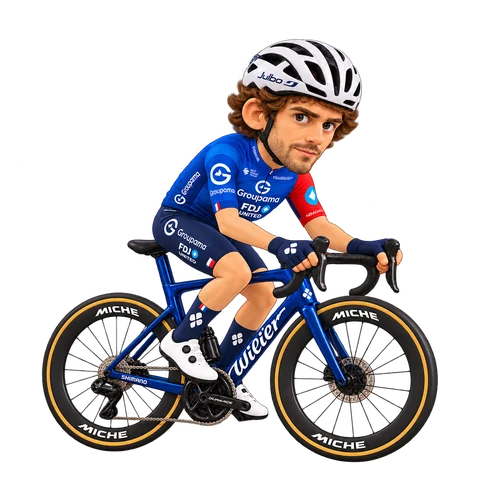 Illustrazione di Guillaume Martin con la divisa 2026 della Groupama-FDJ UNITED