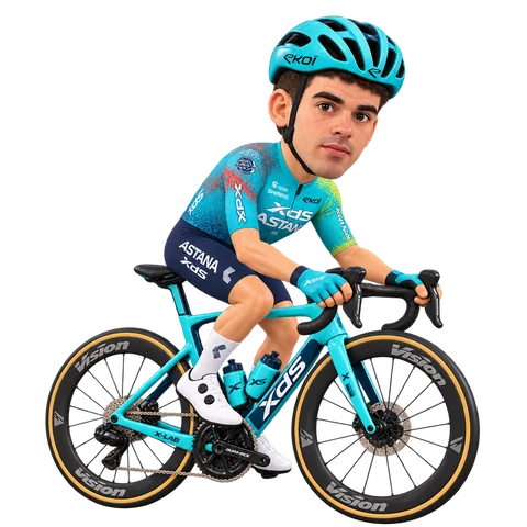 Illustrazione di Guillermo Thomas Silva con la divisa 2026 della XDS Astana Team