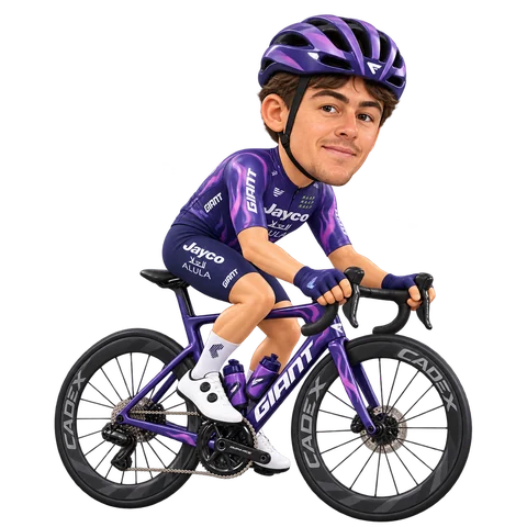 Ilustración de Hamish McKenzie con el maillot 2026 de Team Jayco AlUla
