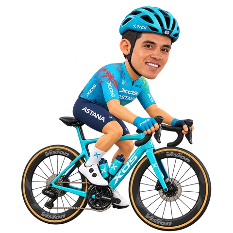 Illustrazione di Harold Martín López con la divisa 2026 della XDS Astana Team