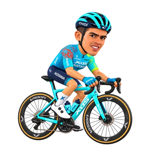 Illustrazione di Harold Tejada con la divisa 2026 della XDS Astana Team