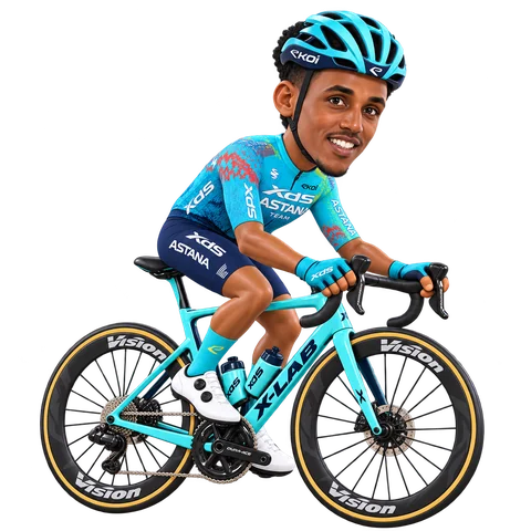 Illustrazione di Henok Mulubrhan con la divisa 2026 della XDS Astana Team
