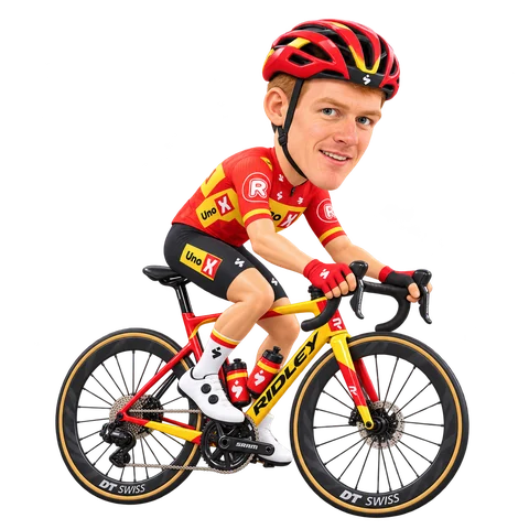 Ilustración de Henrik Pedersen con el maillot 2026 de Uno-X Mobility