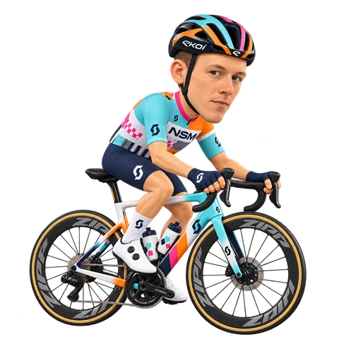 Illustrazione di Hugo Hofstetter con la divisa 2026 della NSN Cycling Team