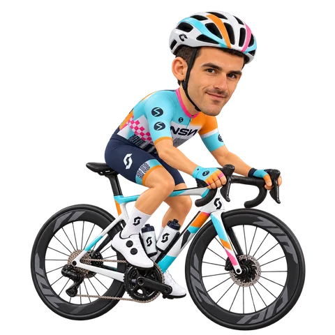 Illustrazione di Itamar Einhorn con la divisa 2026 della NSN Cycling Team