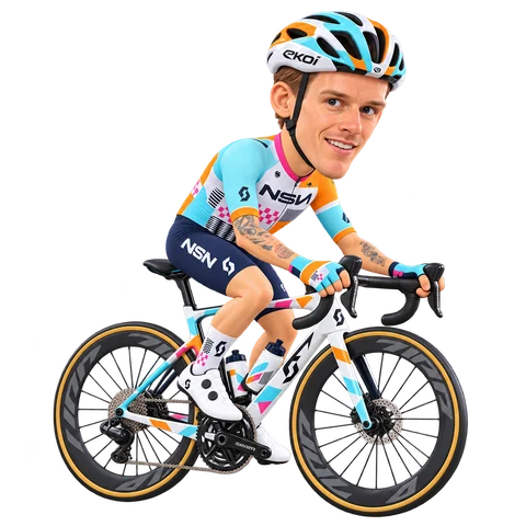 Illustrazione di Jake Stewart con la divisa 2026 della NSN Cycling Team