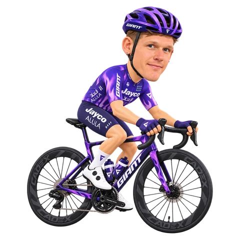 Ilustración de Jasha Sütterlin con el maillot 2026 de Team Jayco AlUla