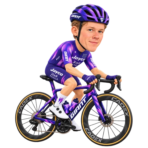 Ilustración de Jelte Krijnsen con el maillot 2026 de Team Jayco AlUla