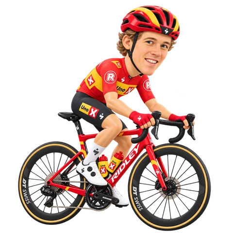 Ilustración de Johannes Kulset con el maillot 2026 de Uno-X Mobility