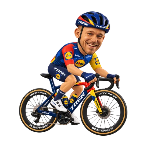 Illustration von Jonathan Milan im 2026er Trikot von Lidl–Trek