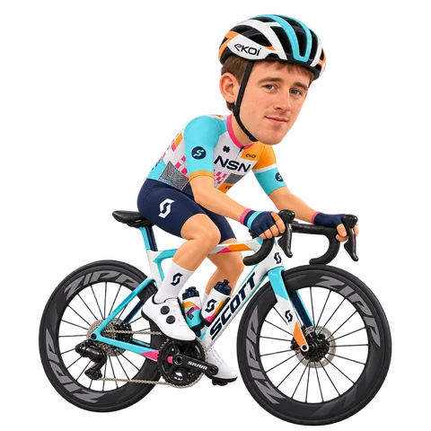 Illustrazione di Joseph Blackmore con la divisa 2026 della NSN Cycling Team