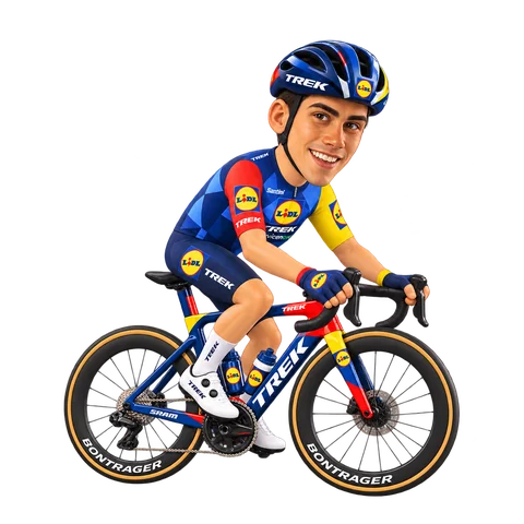 Illustration von Juan Ayuso im 2026er Trikot von Lidl–Trek