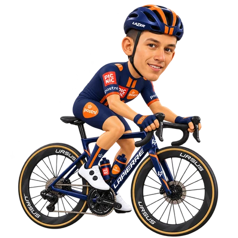 Ilustración de Juan Guillermo Martinez con el maillot 2026 de Team Picnic PostNL