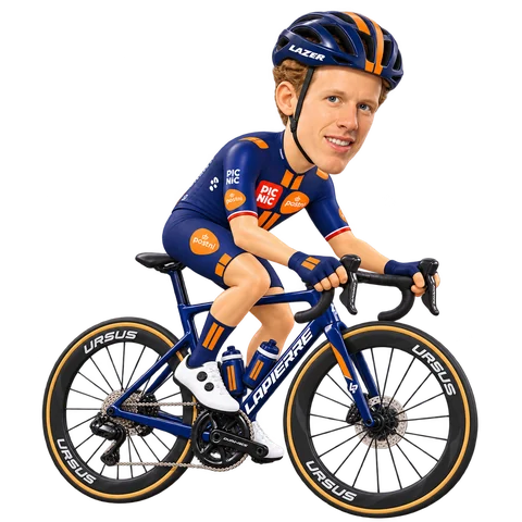 Ilustración de Julius van den Berg con el maillot 2026 de Team Picnic PostNL