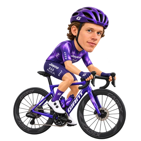 Ilustración de Kelland O'Brien con el maillot 2026 de Team Jayco AlUla