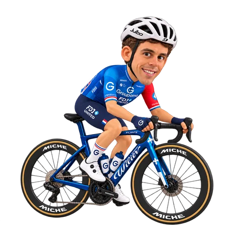 Illustrazione di Kevin Geniets con la divisa 2026 della Groupama-FDJ UNITED