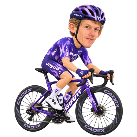 Ilustración de Koen Bouwman con el maillot 2026 de Team Jayco AlUla