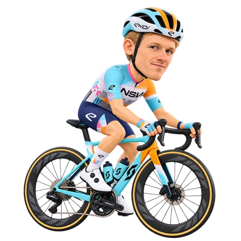 Illustrazione di Krists Neilands con la divisa 2026 della NSN Cycling Team