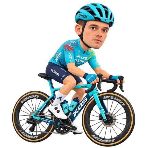 Illustrazione di Lev Gonov con la divisa 2026 della XDS Astana Team