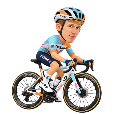 Illustrazione di Lewis Askey con la divisa 2026 della NSN Cycling Team