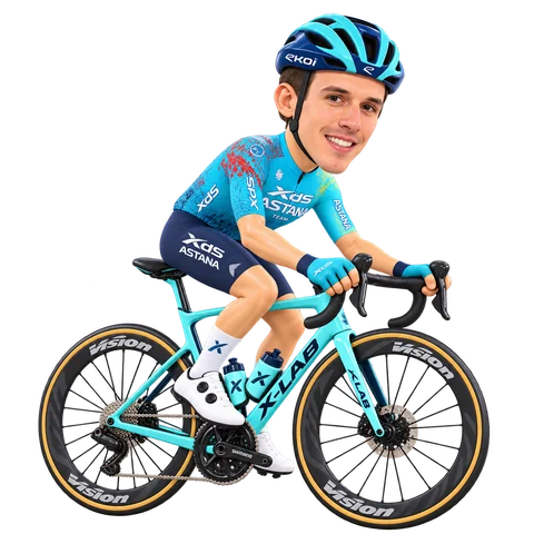 Illustrazione di Lorenzo Fortunato con la divisa 2026 della XDS Astana Team