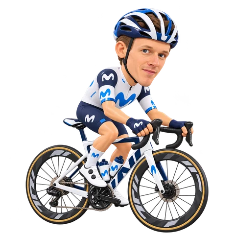 Illustrazione di Lorenzo Milesi con la divisa 2026 della Movistar Team