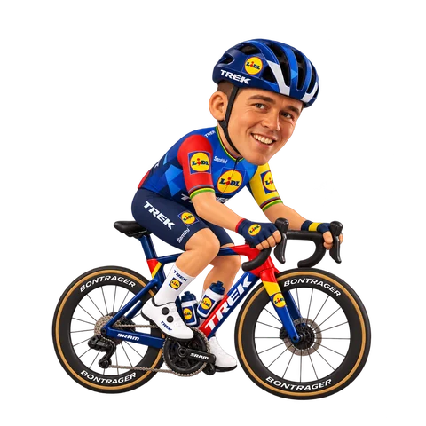 Illustration von Mads Pedersen im 2026er Trikot von Lidl–Trek
