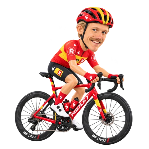 Ilustración de Magnus Cort con el maillot 2026 de Uno-X Mobility