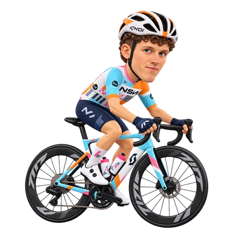 Illustrazione di Marco Frigo con la divisa 2026 della NSN Cycling Team