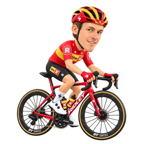 Ilustración de Markus Hoelgaard con el maillot 2026 de Uno-X Mobility