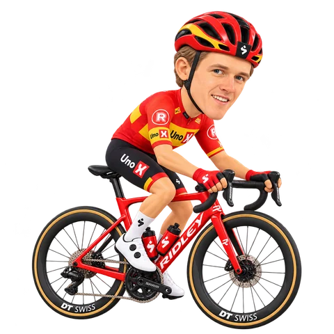 Ilustración de Martin Tjøtta con el maillot 2026 de Uno-X Mobility