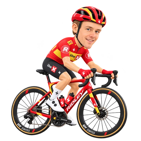 Ilustración de Martin Urianstad Bugge con el maillot 2026 de Uno-X Mobility