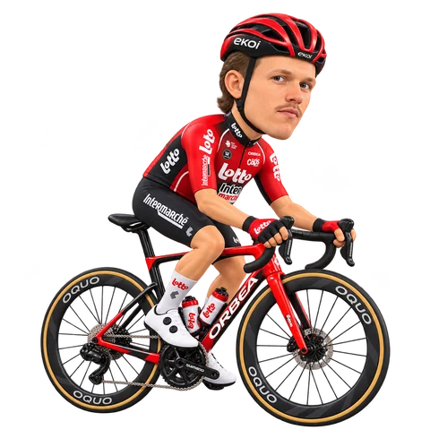 Illustrazione di Mathieu Kockelmann con la divisa 2026 della Lotto-Intermarché