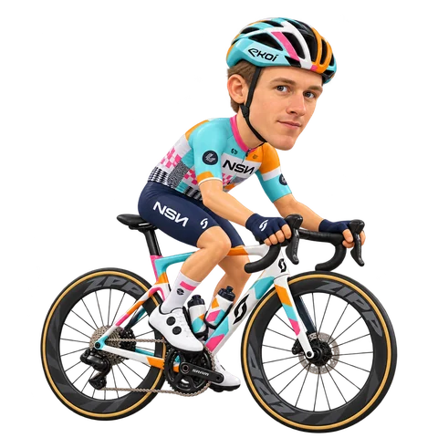 Illustrazione di Matis Louvel con la divisa 2026 della NSN Cycling Team
