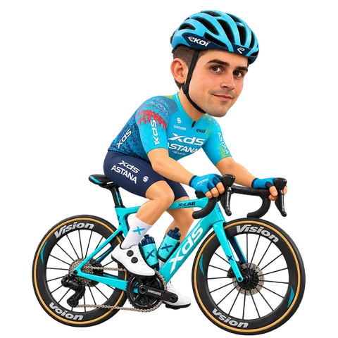Illustrazione di Matteo Malucelli con la divisa 2026 della XDS Astana Team