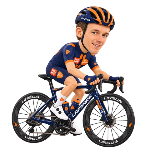 Ilustración de Matthew Dinham con el maillot 2026 de Team Picnic PostNL