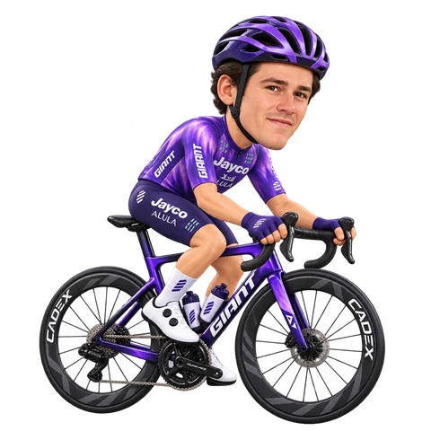 Ilustración de Mauro Schmid con el maillot 2026 de Team Jayco AlUla