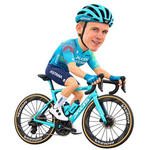 Ilustración de Max Kanter con el maillot 2026 de XDS Astana Team