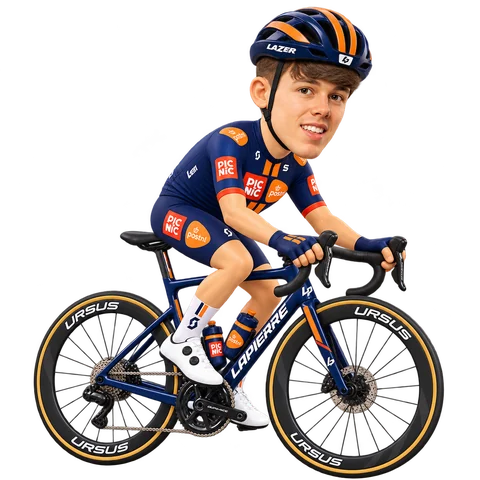 Ilustración de Max Poole con el maillot 2026 de Team Picnic PostNL