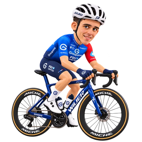 Illustrazione di Maxime Decomble con la divisa 2026 della Groupama-FDJ UNITED