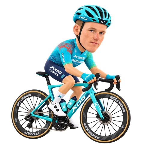 Illustrazione di Mike Teunissen con la divisa 2026 della XDS Astana Team