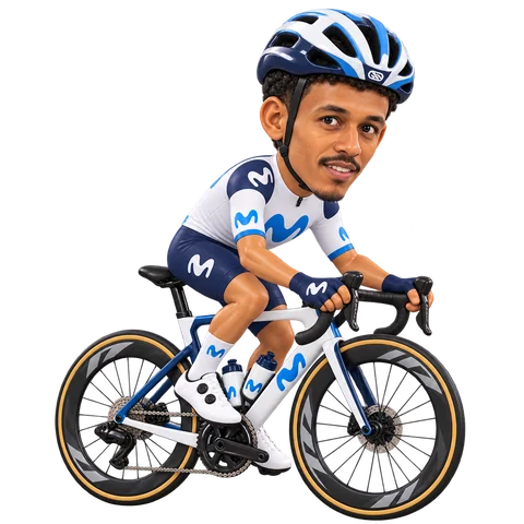 Illustrazione di Natnael Tesfatsion con la divisa 2026 della Movistar Team