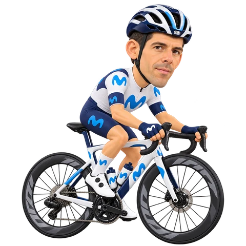Illustrazione di Nelson Oliveira con la divisa 2026 della Movistar Team