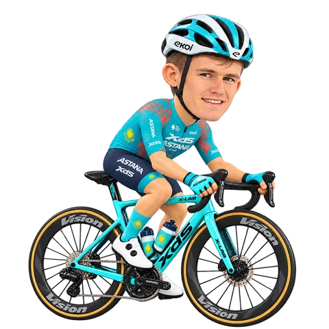 Illustrazione di Nicolas Vinokurov con la divisa 2026 della XDS Astana Team