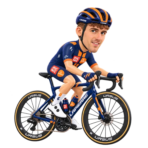 Ilustración de Niklas Märkl con el maillot 2026 de Team Picnic PostNL