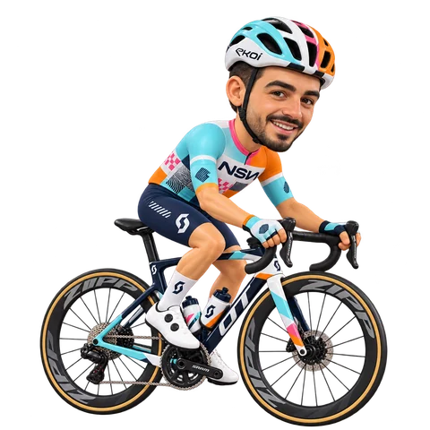Illustrazione di Oded Kogut con la divisa 2026 della NSN Cycling Team