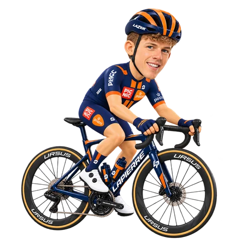 Ilustración de Oliver Peace con el maillot 2026 de Team Picnic PostNL
