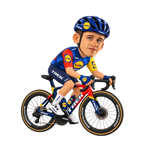 Illustration von Otto Vergaerde im 2026er Trikot von Lidl–Trek