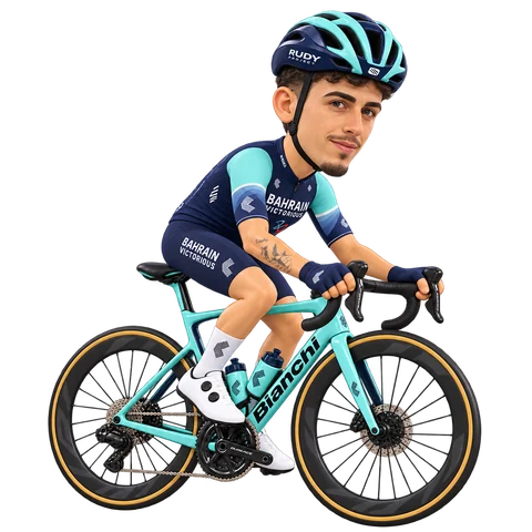 Illustratie van Pau Miquel in het tenue van Bahrain Victorious (2026)